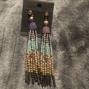 Beaded Tassel Drop Earrings in Purple, Aqua & Gold